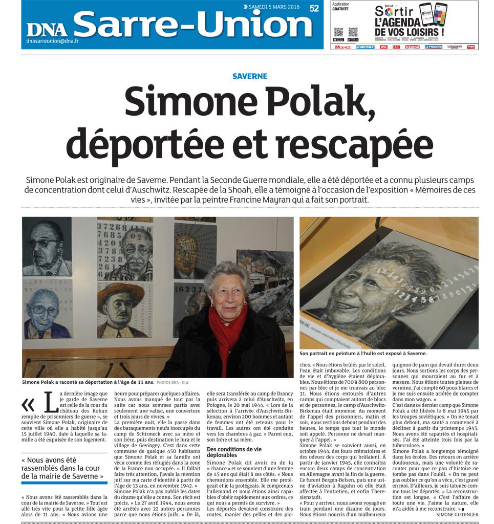  DERNIÈRES NOUVELLES D'ALSACE. 05/03/2016. Simone Polak, rescapée